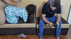 Play Cuckold's GF Cheats with Big Dick in Doggystyle while He Games