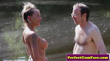 Play Busty femdom tugging guy outdoors for spunk